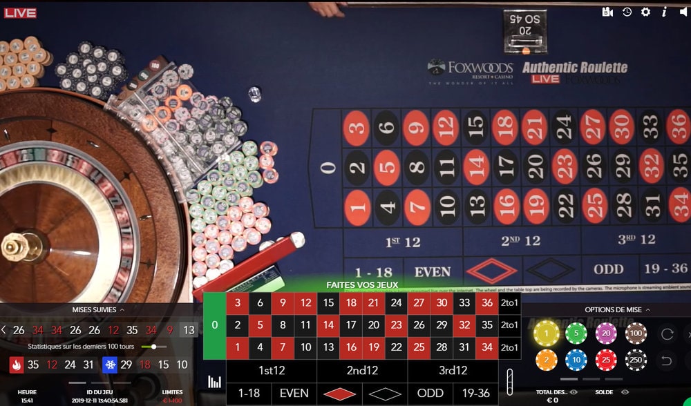Roulette en streaming du Foxwoods Resort Casino aux Etats-Unis