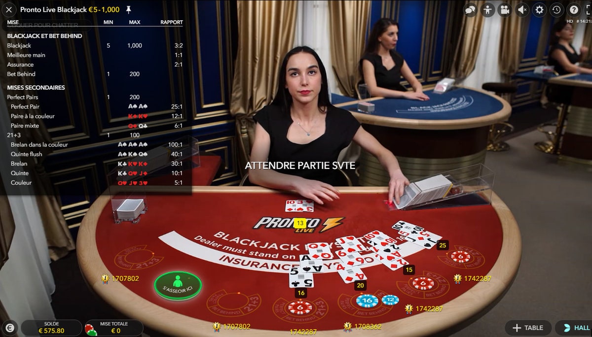 Tableau des mises et des gains sur la table de Blackjack Live Pronto