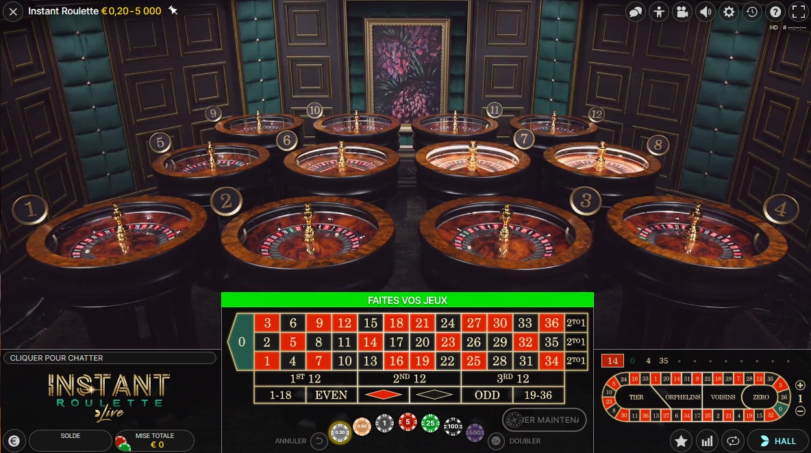 Instant Roulette est un jeu en live Evolution Gaming integrant 12 cylindres de roulettes Instant Roulette d'Evolution