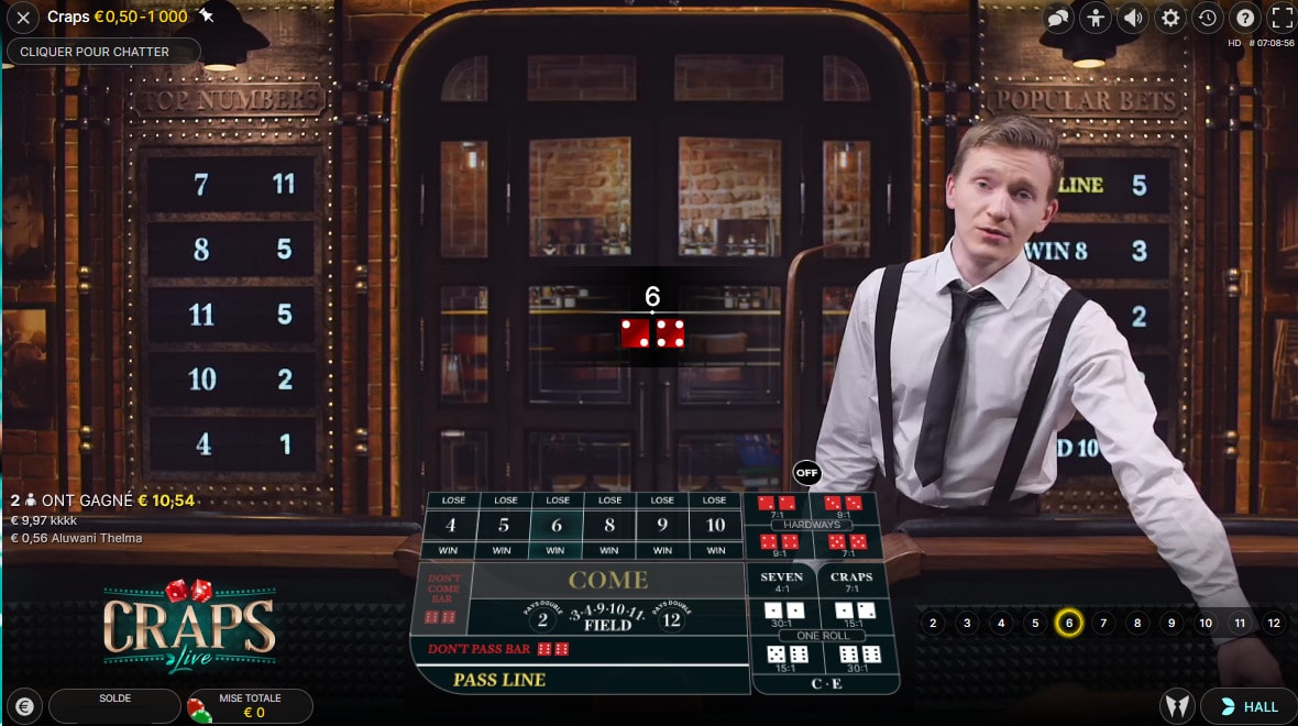 Annonce de la somme des deux dés de Craps Live