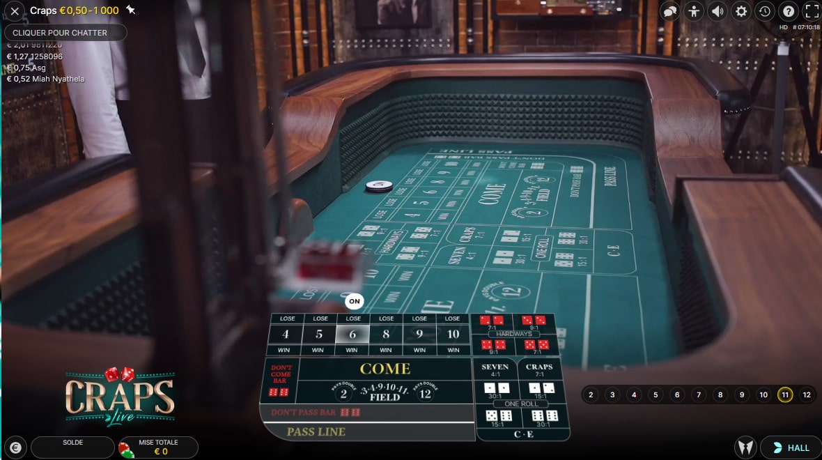 Lancement automatique des dés sur la table de craps en live