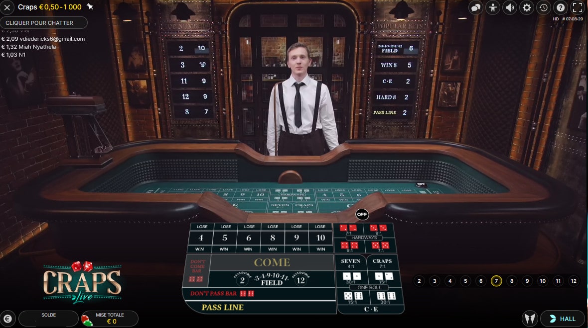 Studio de Craps Live avec un croupier en chair et en os