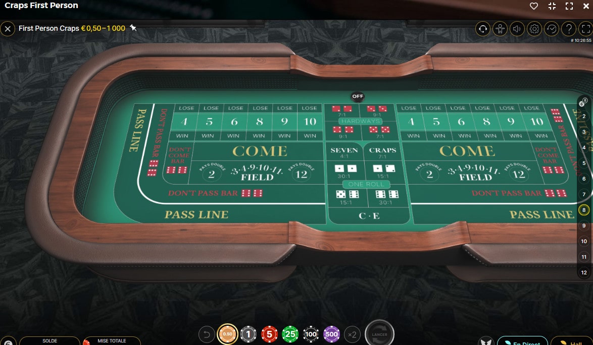 Table en 3D avec vue aérienne du jeu First Person Craps