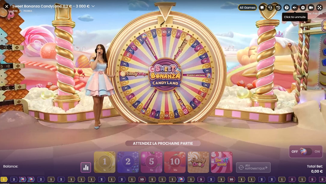 Croupiere sur le plateau du studio du jeu en live Sweet Bonanza Candyland de Pragmatic play Live