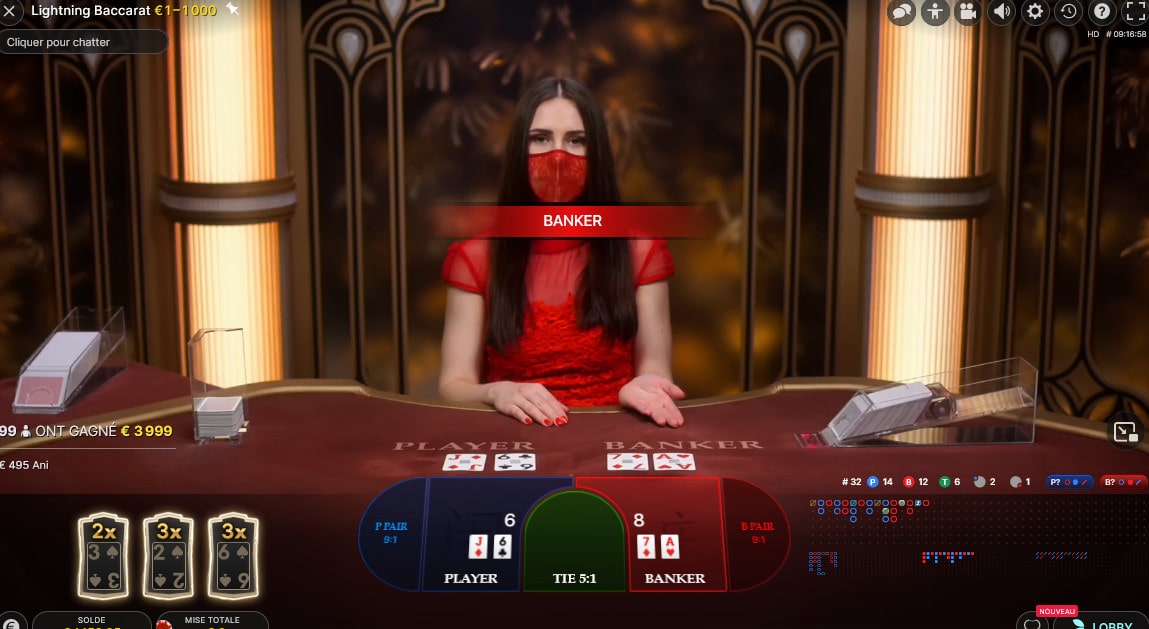 Multiplicateurs de gains a la table Lightning Baccarat avec croupière en direct