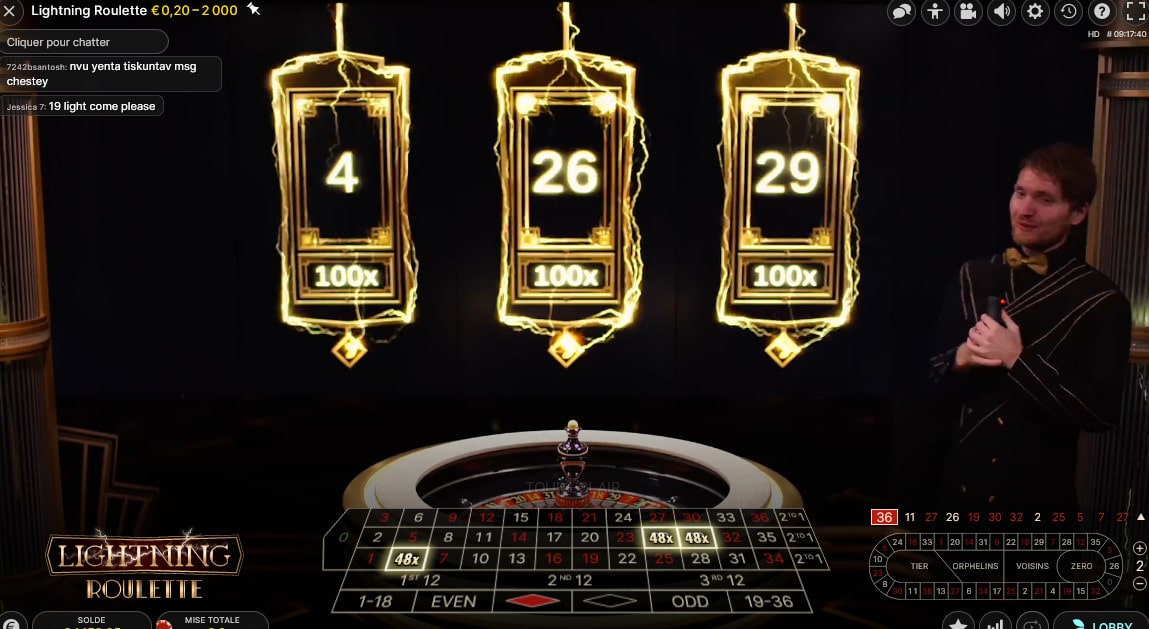 Multiplicateurs de gains a la table Lightning Roulette avec croupier en direct