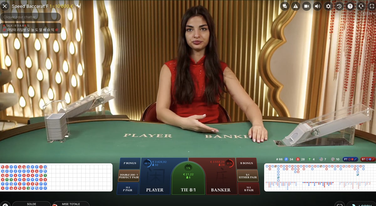 Croupière en live a une table de Baccarat en live rapide