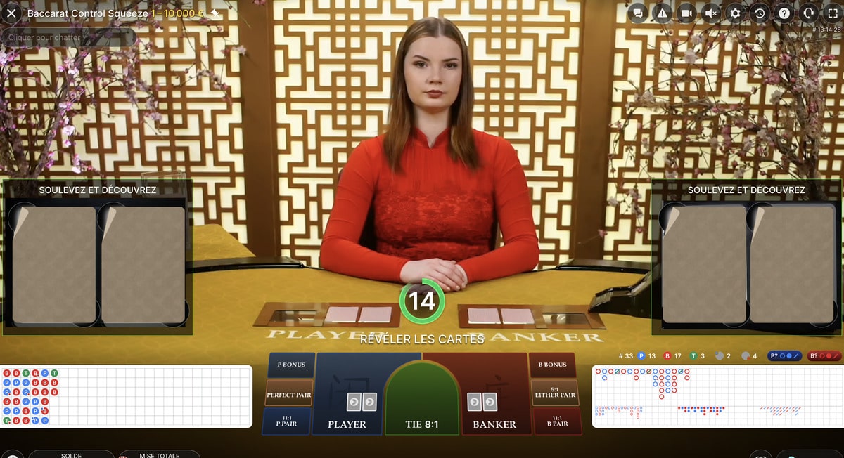 Croupière en live du jeu Baccarat Control Squeeze