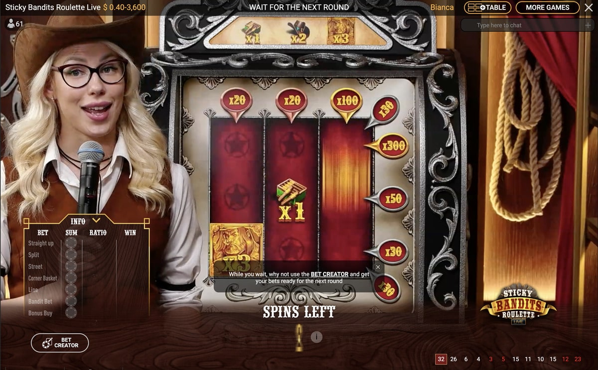 Spins sur Jeu Bonus de Sticky Bandits Roulette Live
