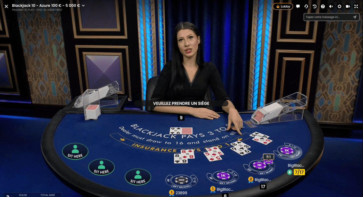 Blackjack avec Croupière en Direct